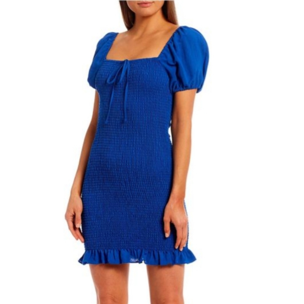 NWT Gianni Bini "Alli" Smocked Square Neck Bodycon Mini Dress, Blue, Sz Small